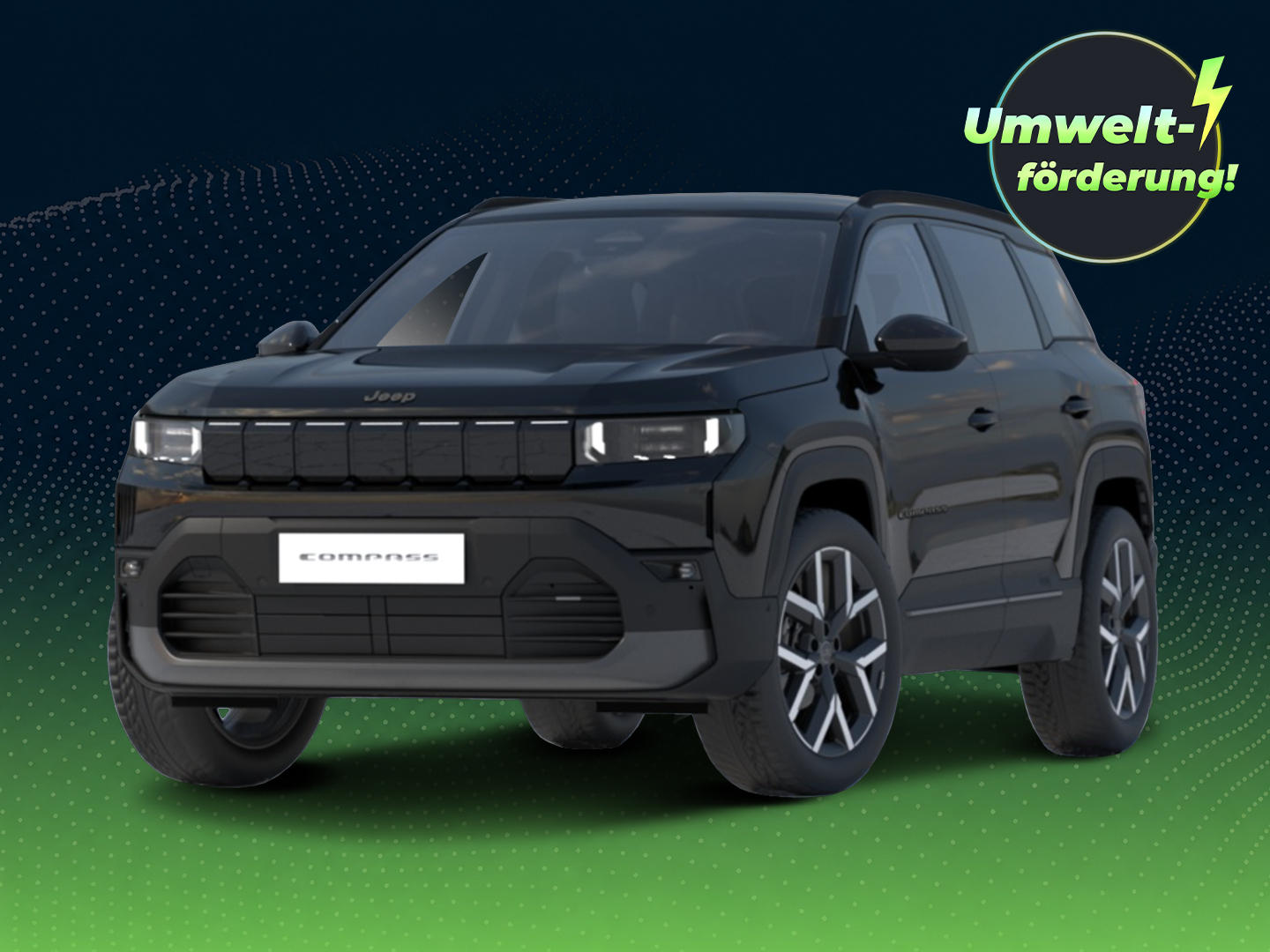 Schwarzer Jeep Compass Altitude vor dunkelblau-grünem Hintergrund mit grafischen Wellenmustern. Oben rechts weist ein Badge auf eine Umweltförderung von bis zu 6.000 Euro für die E-Prämie 2026 hin.