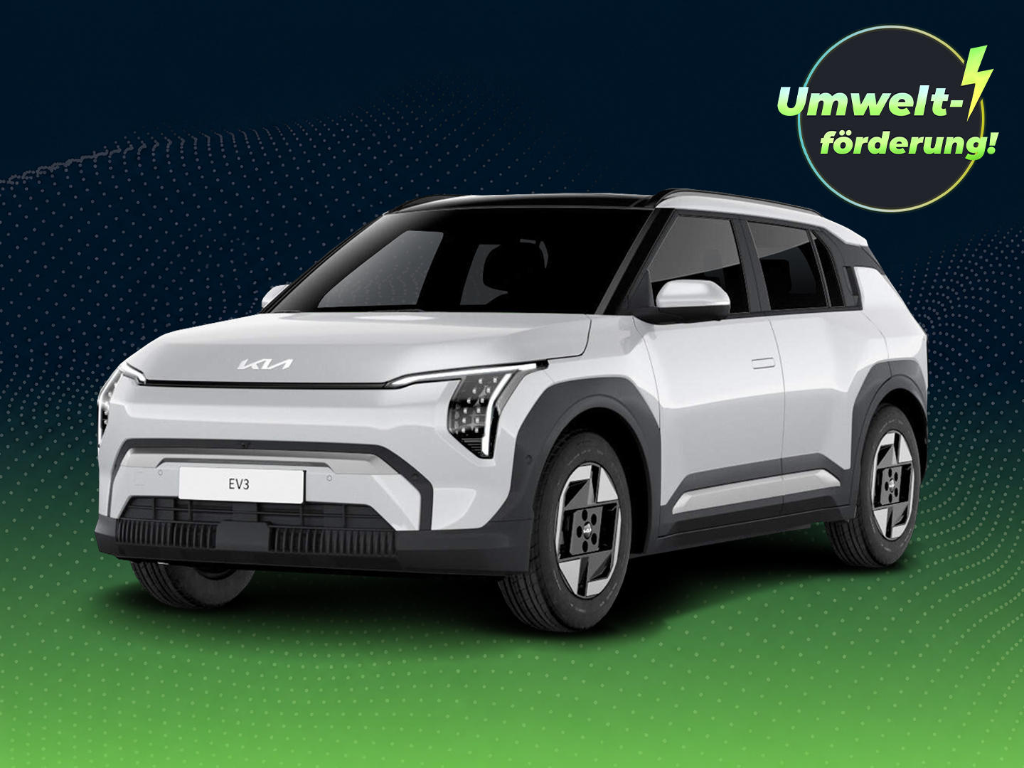 Weißer KIA EV3 AIR vor dunkelblau-grünem Hintergrund mit grafischen Wellenmustern. Oben rechts weist ein Badge auf eine Umweltförderung von bis zu 6.000 Euro für die E-Prämie 2026 hin.