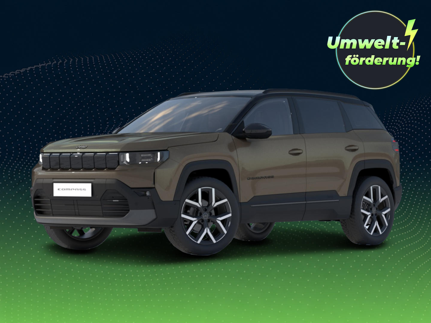 Grüner Jeep Compass First Edition vor dunkelblau-grünem Hintergrund mit grafischen Wellenmustern. Oben rechts weist ein Badge auf eine Umweltförderung von bis zu 6.000 Euro für die E-Prämie 2026 hin.
