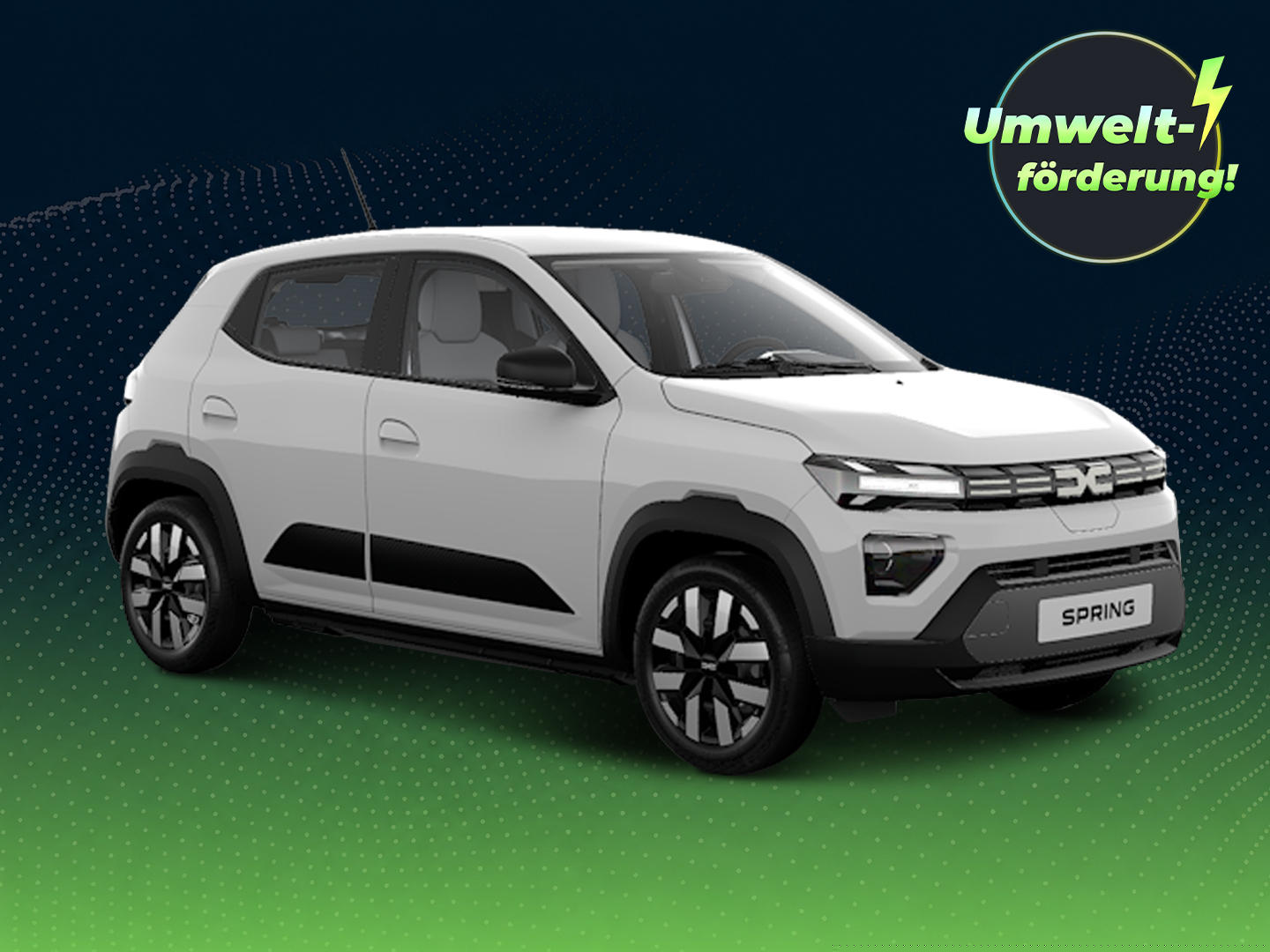 Weißer Dacia Spring Essential Electric vor dunkelblau-grünem Hintergrund mit grafischen Wellenmustern. Oben rechts weist ein Badge auf eine Umweltförderung von bis zu 6.000 Euro für die E-Prämie 2026 hin.