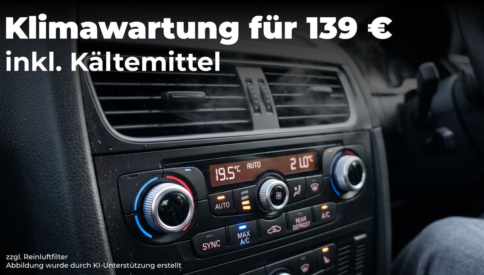 Nahaufnahme der Klimabedienung im Fahrzeuginnenraum mit Hinweis auf Klimawartung inklusive Kältemittel für 139 Euro.