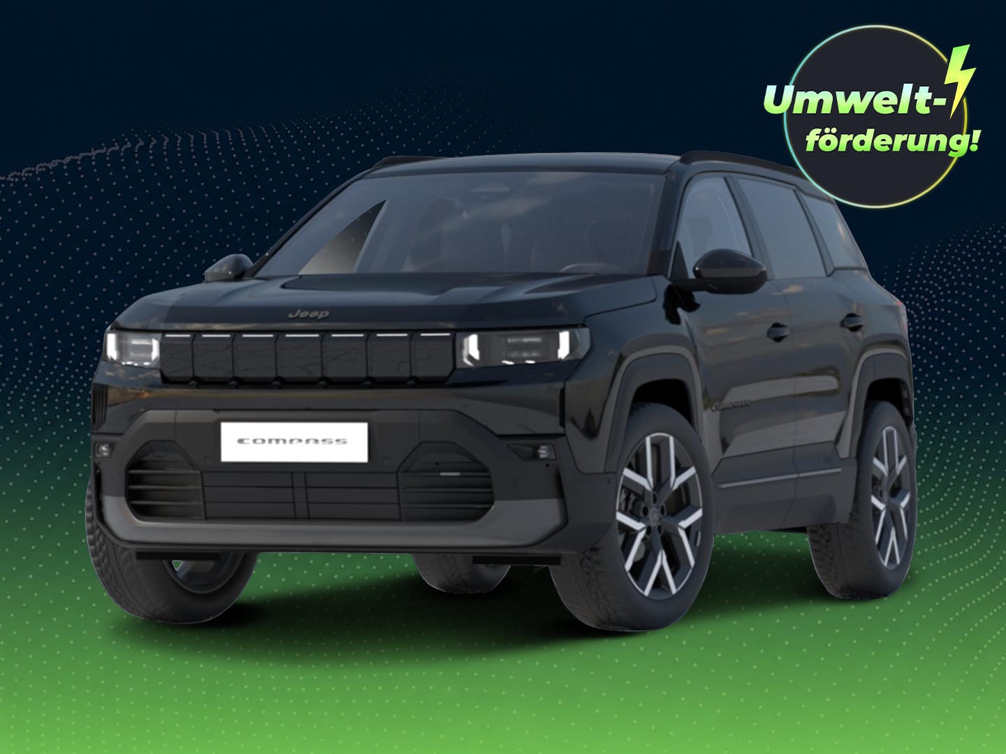 Schwarzer Jeep Compass Altitude vor dunkelblau-grünem Hintergrund mit grafischen Wellenmustern. Oben rechts weist ein Badge auf eine Umweltförderung von bis zu 6.000 Euro für die E-Prämie 2026 hin.